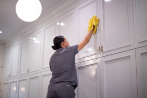 A vella cleaning expert cleaning the house , wiping the cupboards