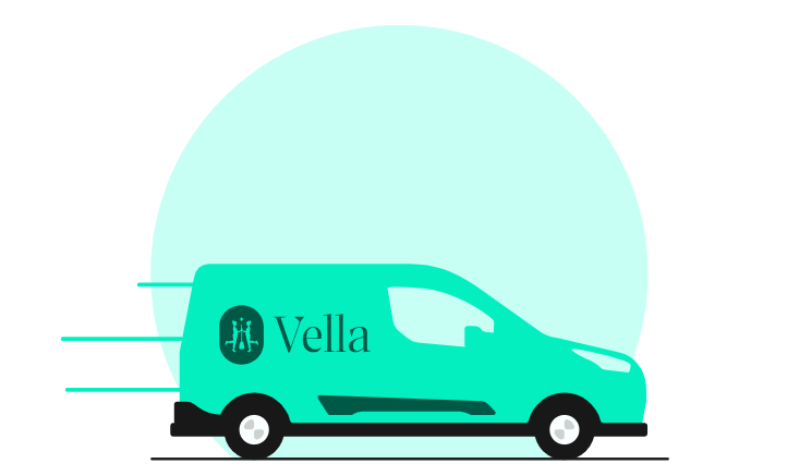 The image shows a green van with the word "Vella" written on the side. The van is moving quickly, indicated by motion lines behind it. This suggests that Vella is a company that offers fast and efficient cleaning services. The image likely represents Vella Clean in  Austin Texas, a local business providing regular house cleaning and residential cleaning services in the Austin area.