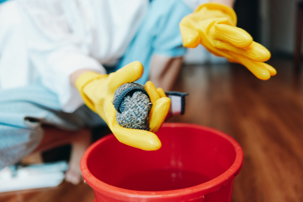 A vella cleaning expert cleaning the house wearing rubber gloves