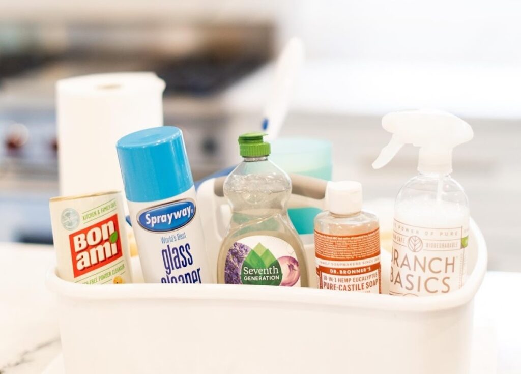 Collection of Vella’s non-toxic, hypoallergenic cleaning products used in Dallas homes for allergy safe cleaning.
