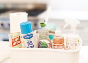 Eco friendly Vella cleaning products arranged on a marble table in a Dallas home.